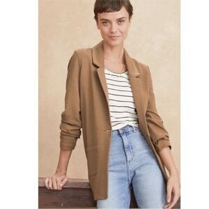 Garnet Hill Camel Knit Relaxed Blazer Womens Size 4 Tencel Stretch Jacket NWOT